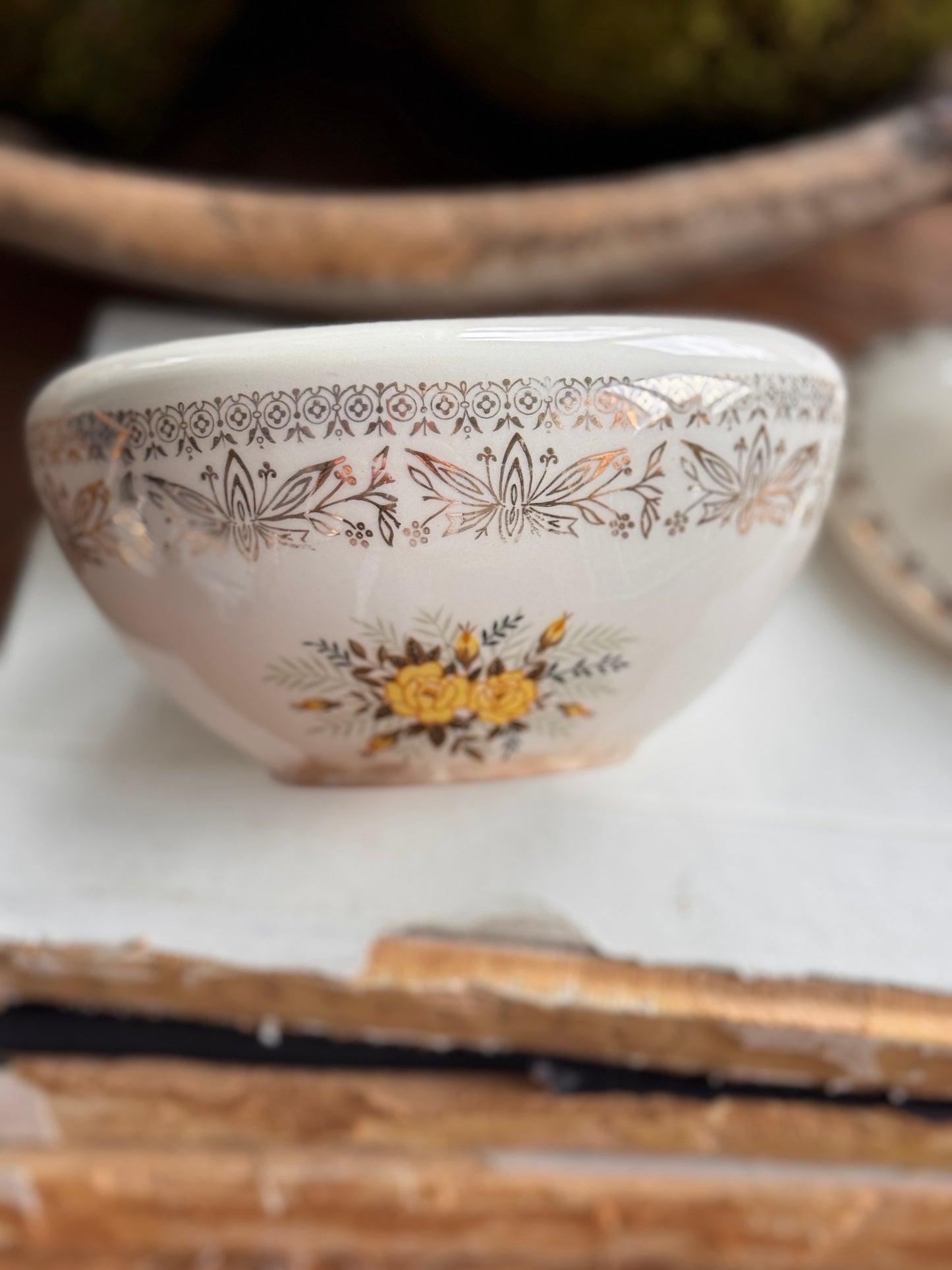 Vintage Porcelain Lidded Bowl with Gilded Floral Detail