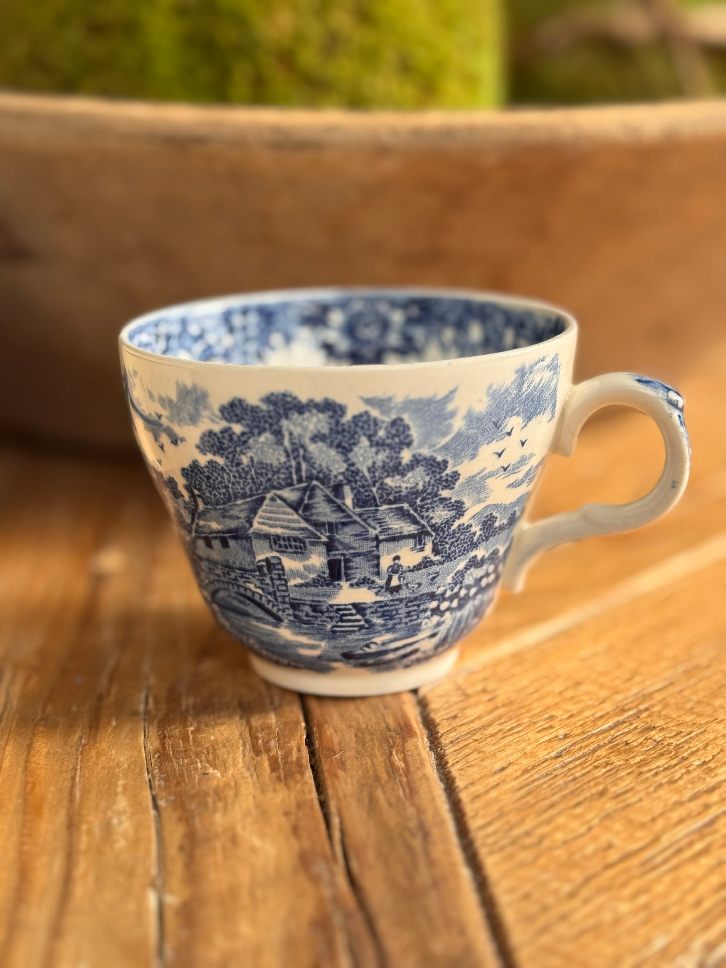 Blue & White Transferware Teacup with Pastoral Scene