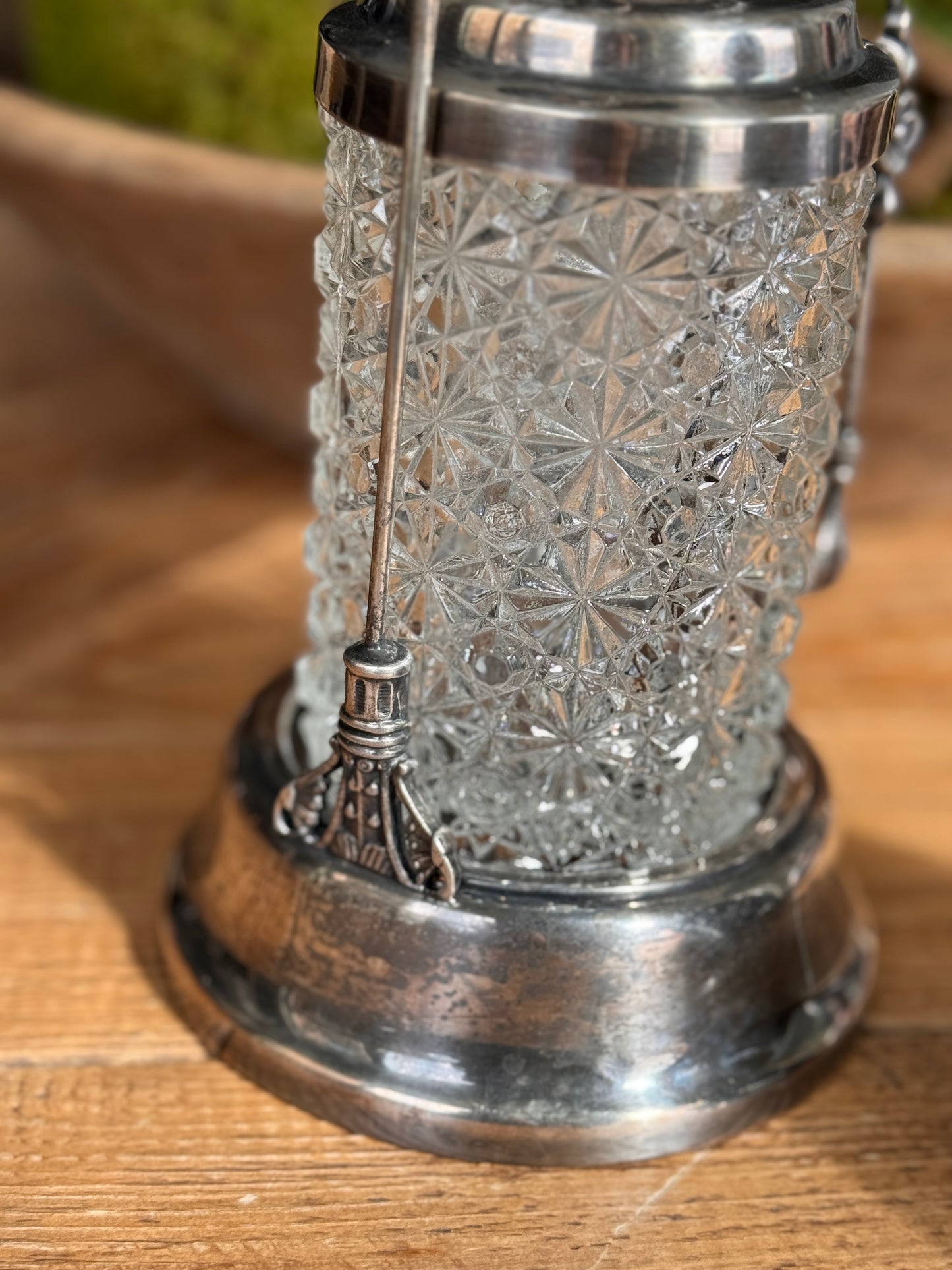 Antique Cut Crystal Pickle Castor with Silverplate Frame | Bird Finial | 10.5″
