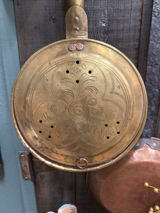 Large Vintage Brass Skimmer with Wooden Handle – 39” Long – 10” Round – Rustic Farmhouse Wall Decor