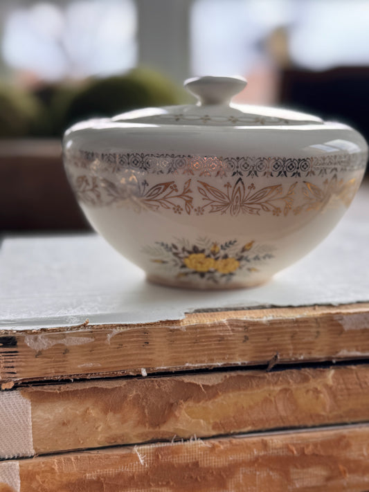 Vintage Porcelain Lidded Bowl with Gilded Floral Detail