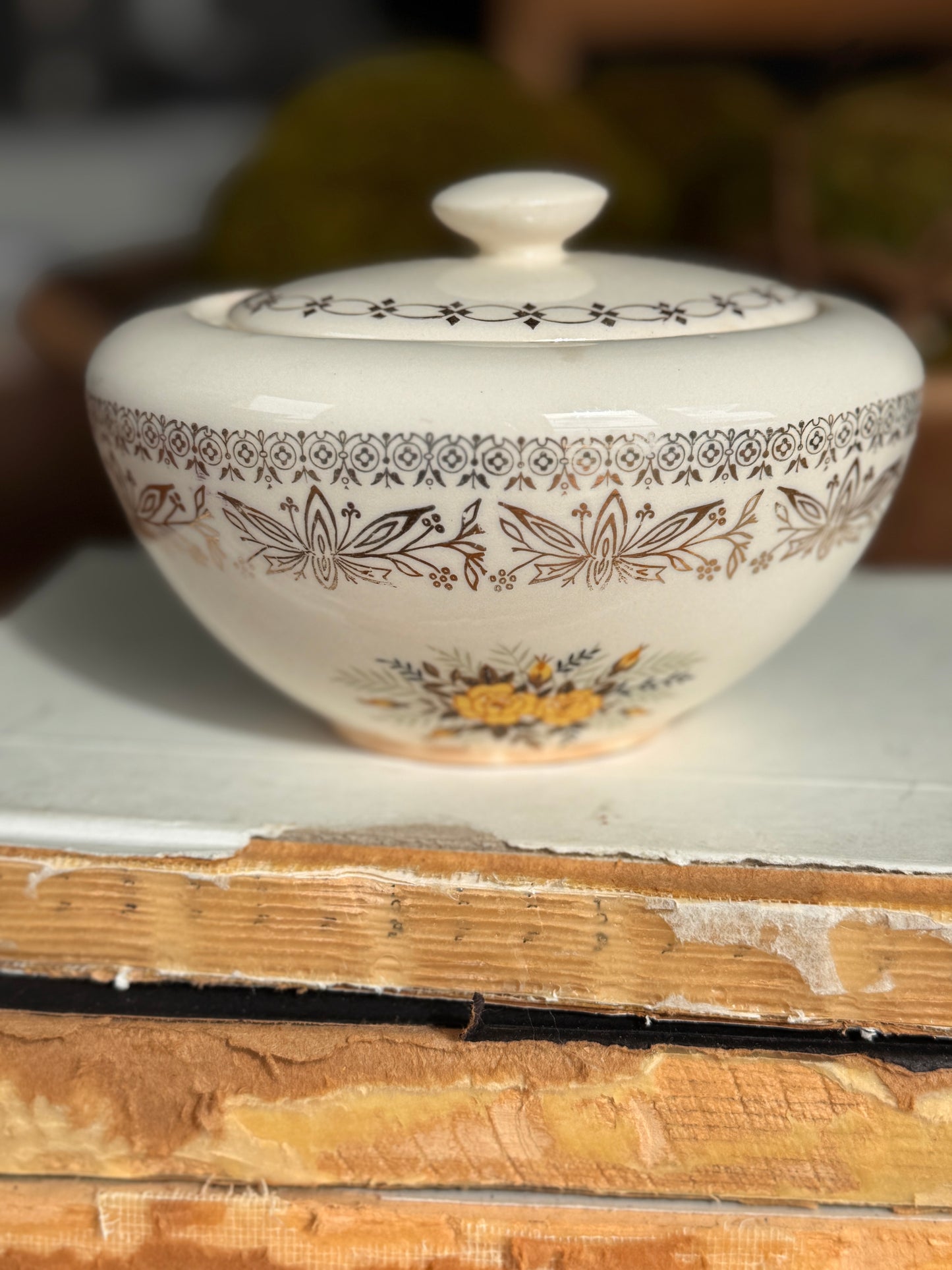 Vintage Porcelain Lidded Bowl with Gilded Floral Detail