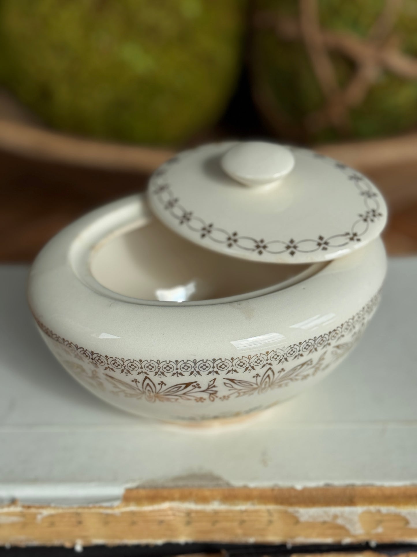 Vintage Porcelain Lidded Bowl with Gilded Floral Detail