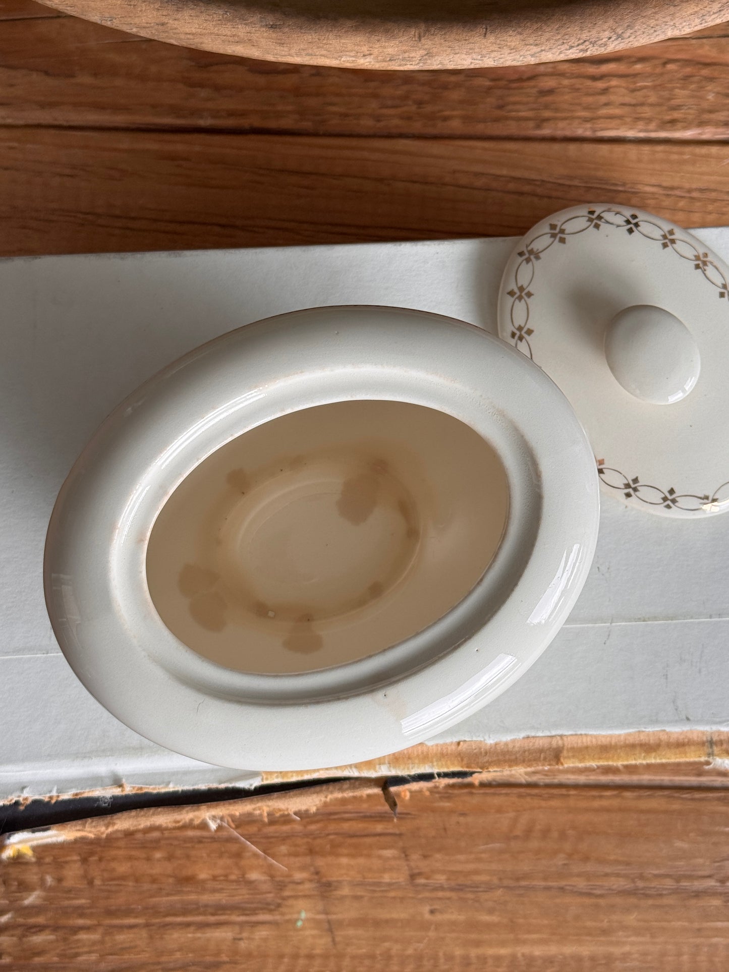 Vintage Porcelain Lidded Bowl with Gilded Floral Detail