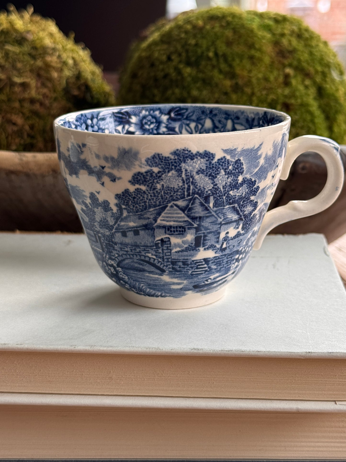 Blue & White Transferware Teacup with Pastoral Scene