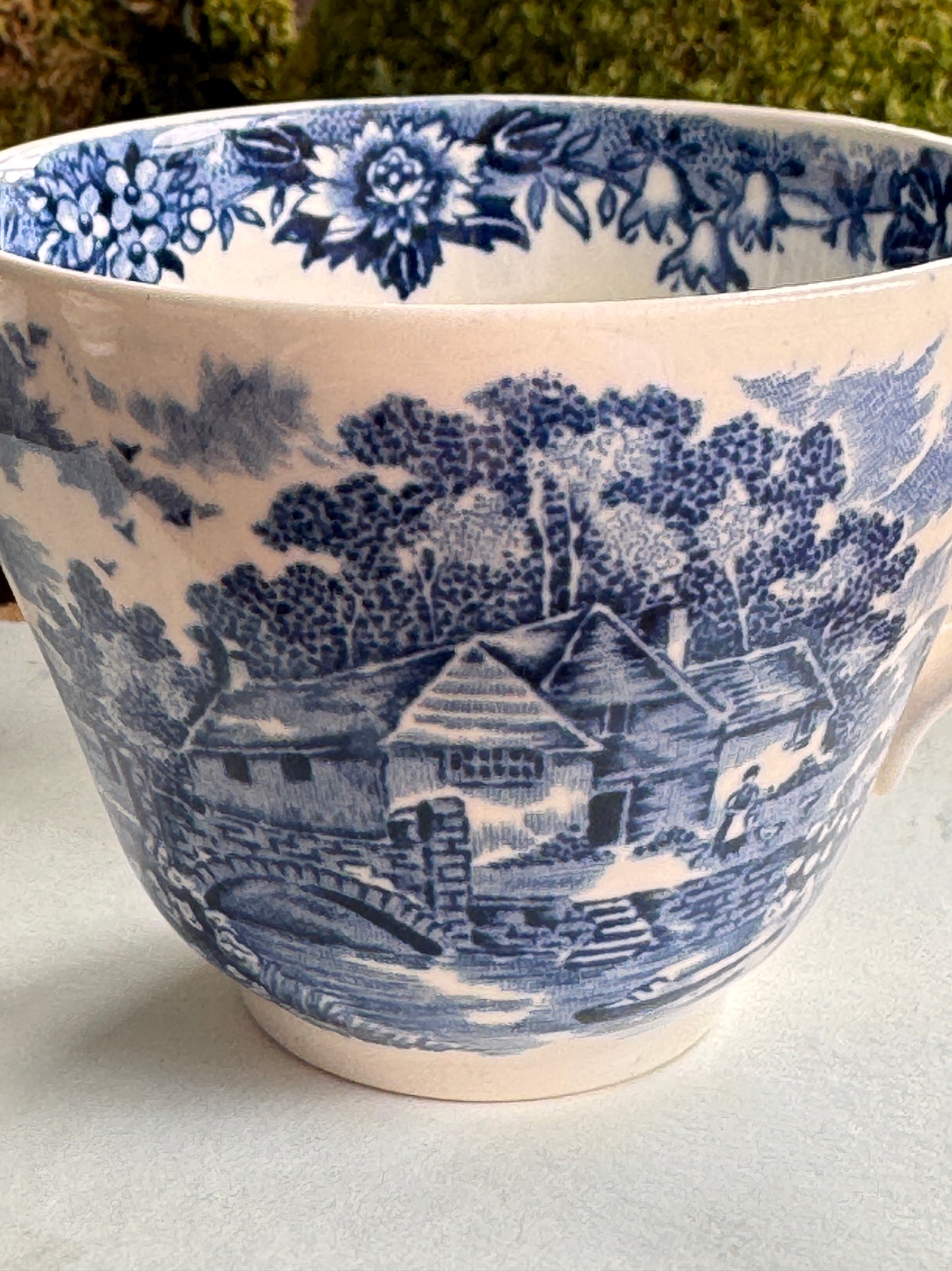Blue & White Transferware Teacup with Pastoral Scene