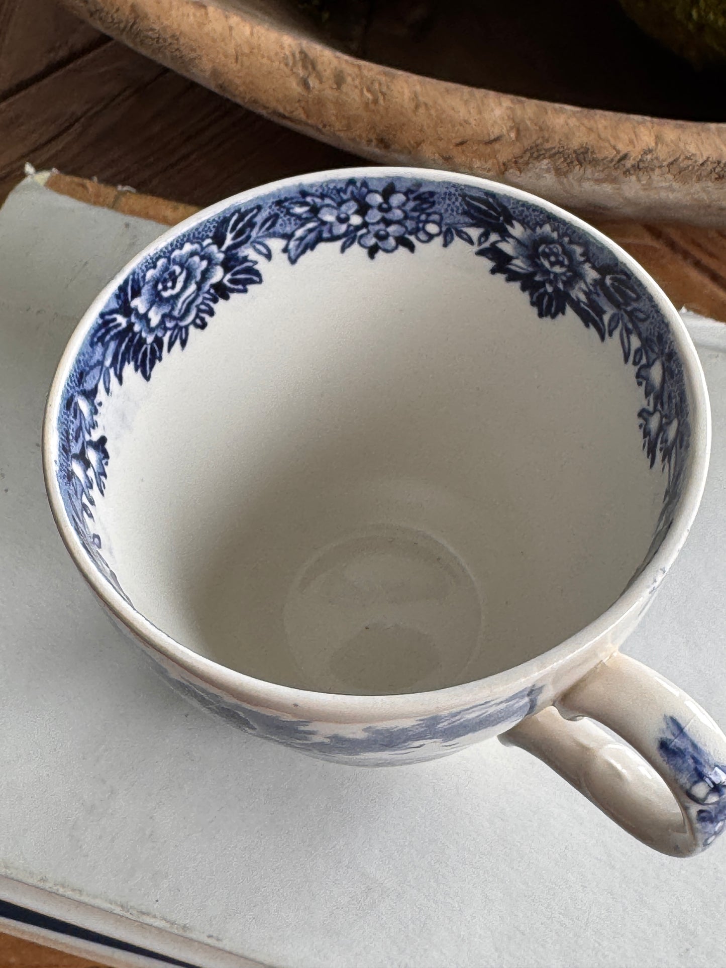 Blue & White Transferware Teacup with Pastoral Scene