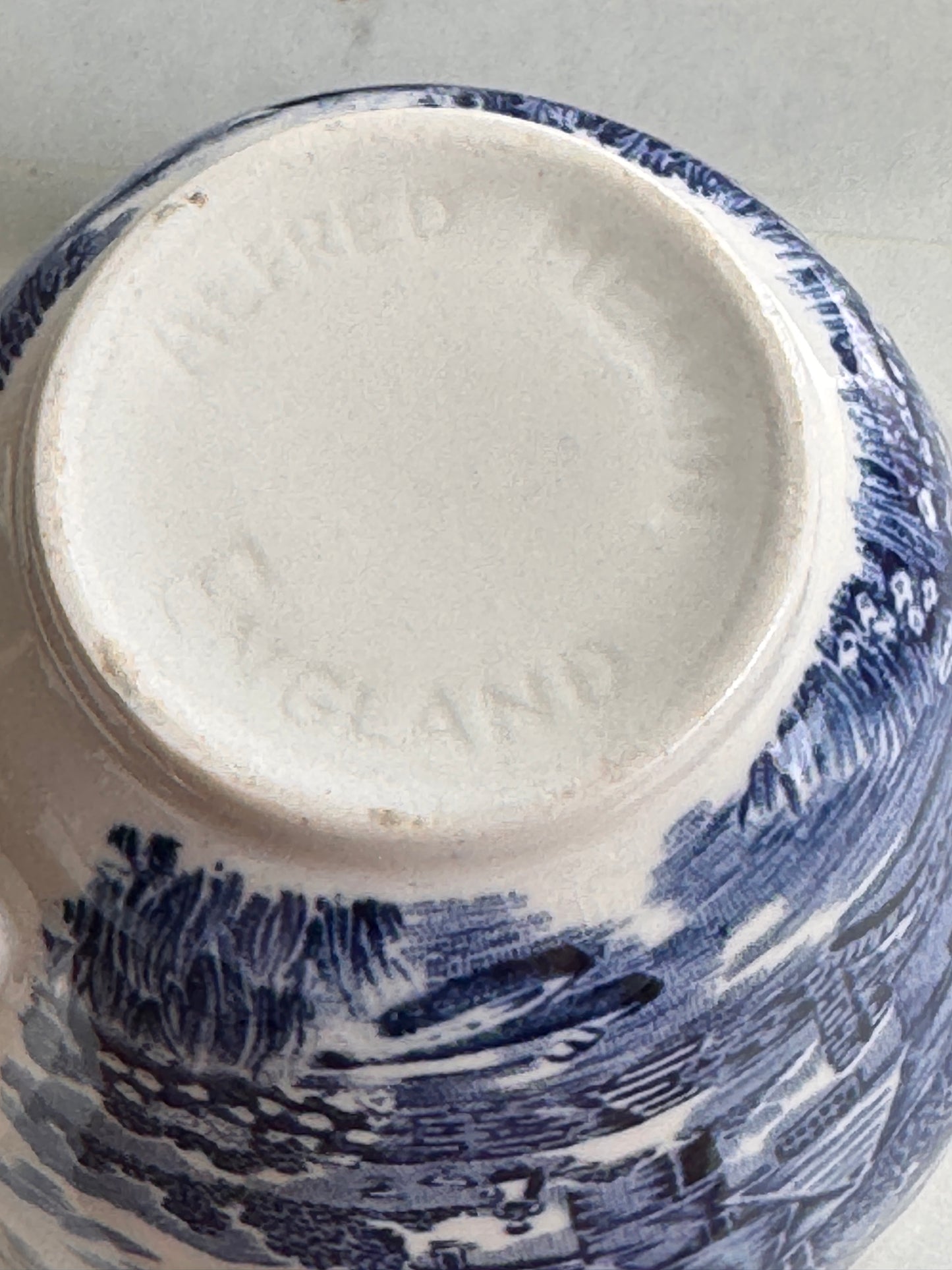 Blue & White Transferware Teacup with Pastoral Scene