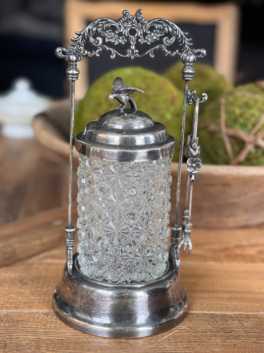 Antique Cut Crystal Pickle Castor with Silverplate Frame | Bird Finial | 10.5″