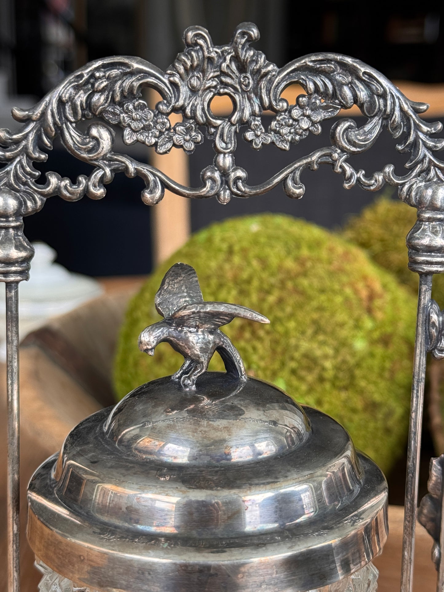 Antique Cut Crystal Pickle Castor with Silverplate Frame | Bird Finial | 10.5″