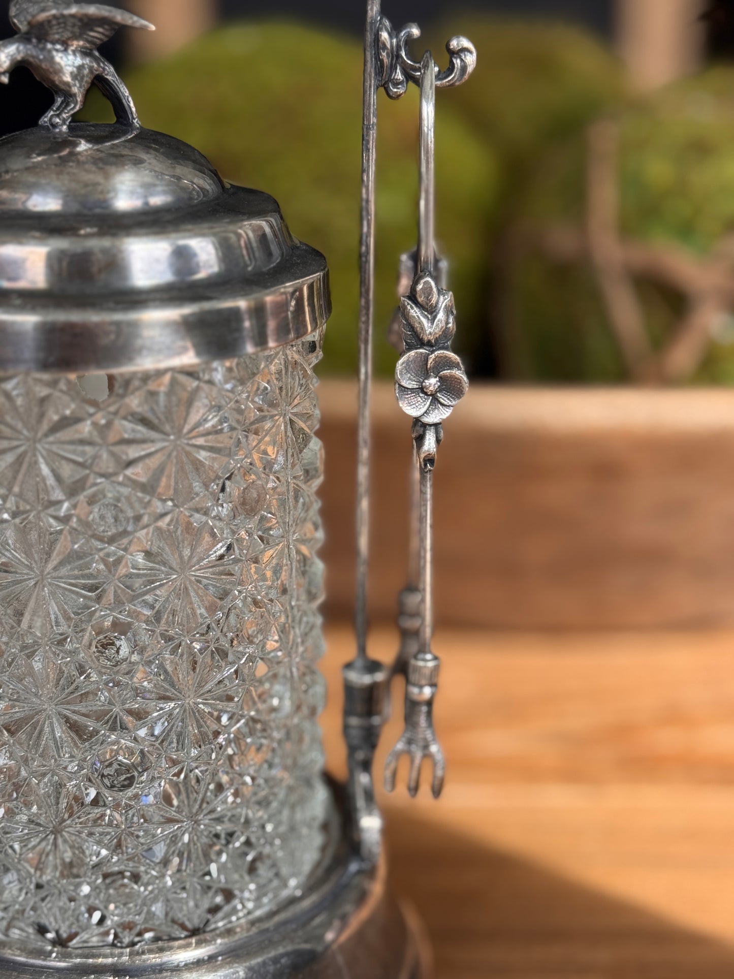 Antique Cut Crystal Pickle Castor with Silverplate Frame | Bird Finial | 10.5″